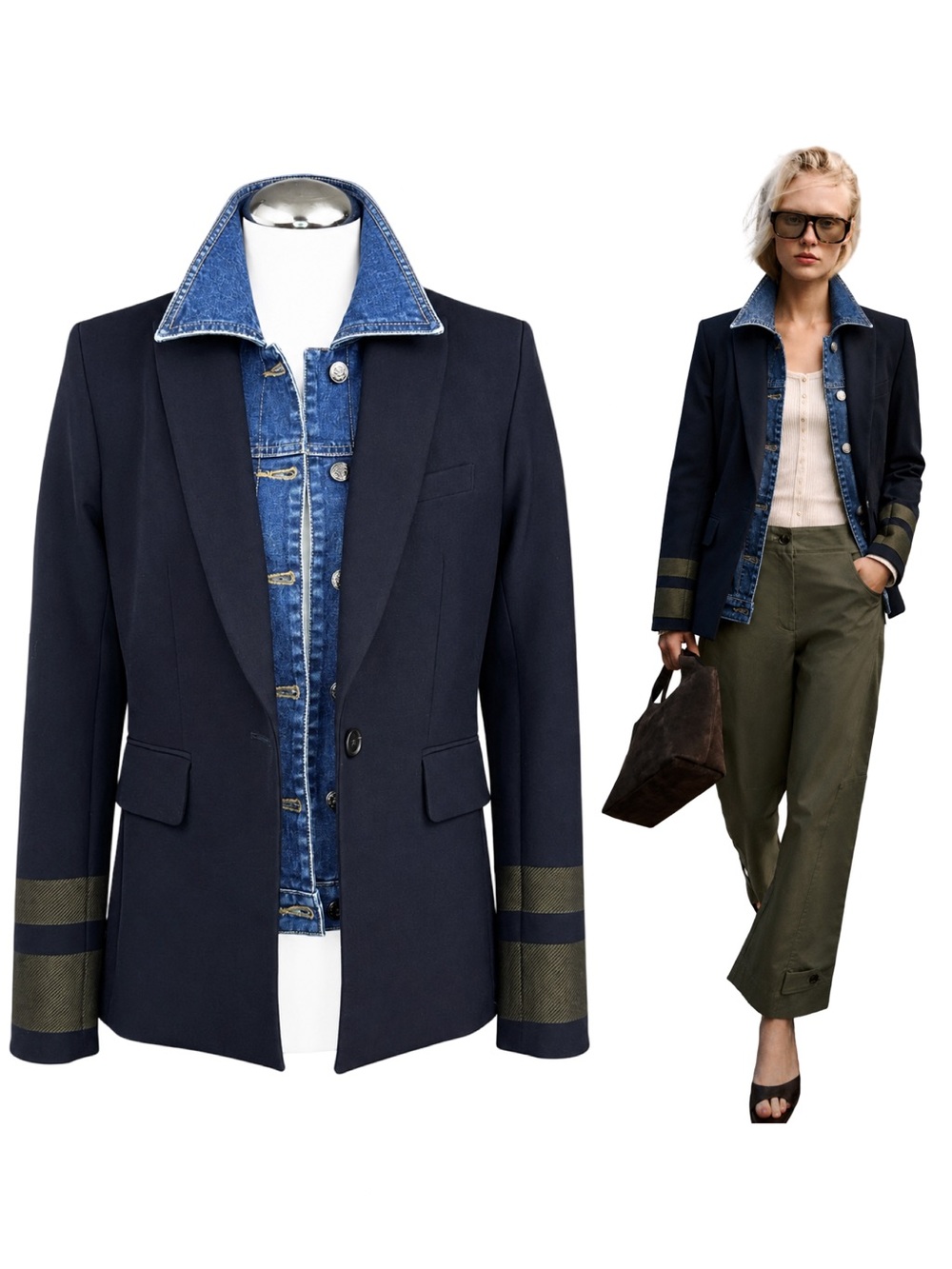 $695 VERONICA BEARD Colorblock Dickey Blazer Jacket Size 2 Navy Blue/Army